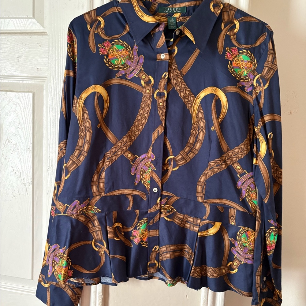 Ralph Lauren Equestrian Navy Gold Chain-Print Peplum Button-Down Shirt - Picture 2 of 7